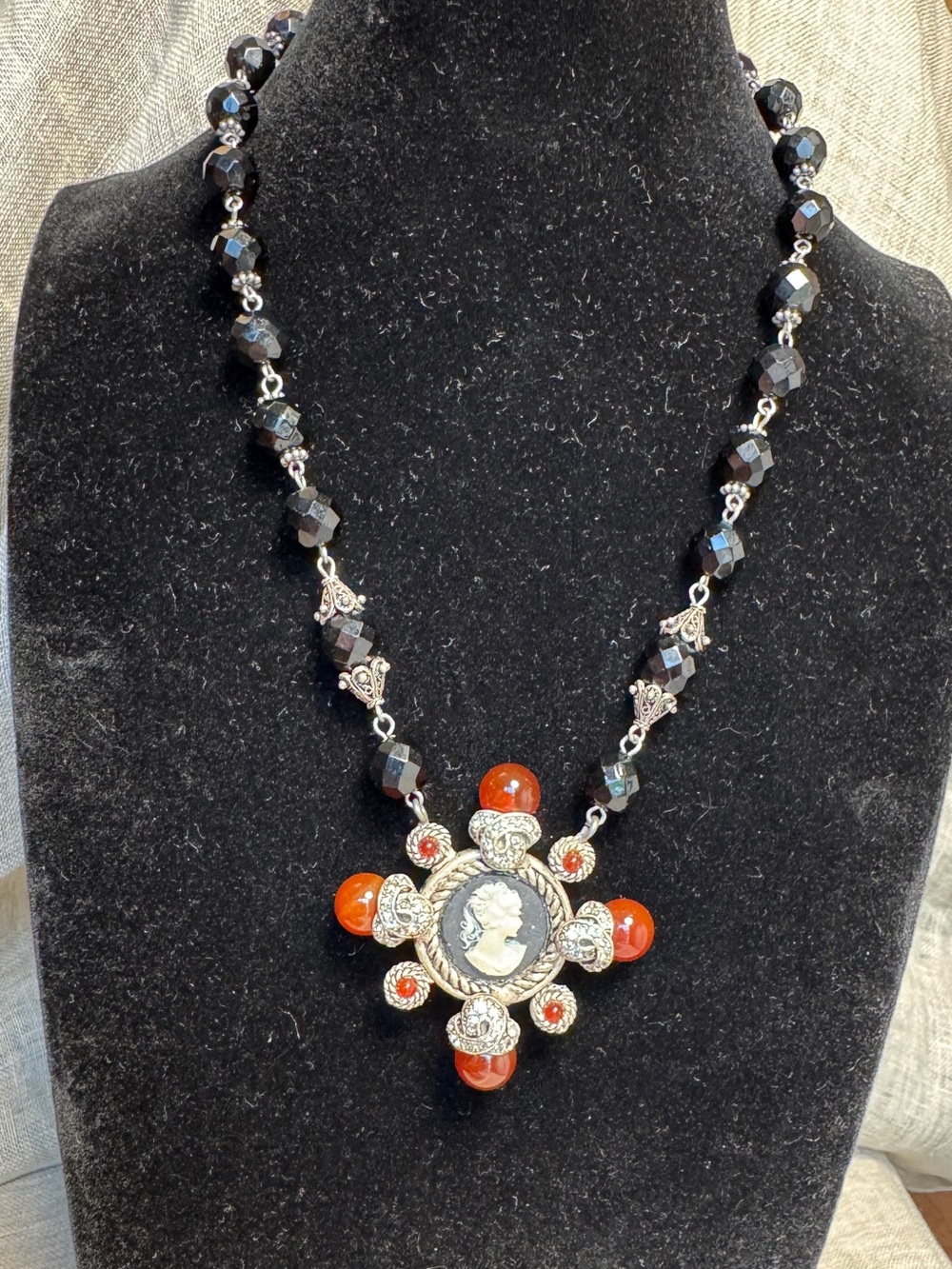 RJ Graziano Black Cameo Pendant Necklace with Carnelian and Rhinestone Accents